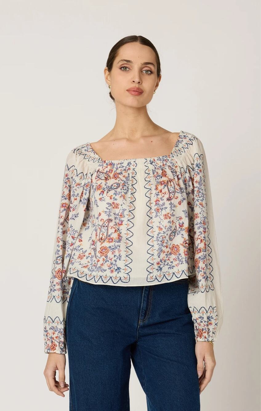 NWT Cleobella Lucille Floral Off-the-Shoulder Boho Cotton Blouse Ivory Large
